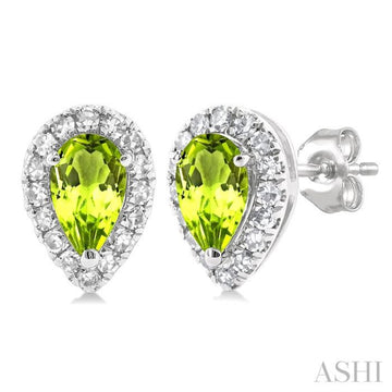 5x3 MM Pear Shape Peridot and 1/8 Ctw Single Cut Diamond Halo Semi-Precious Stud Earrings in 14K White Gold